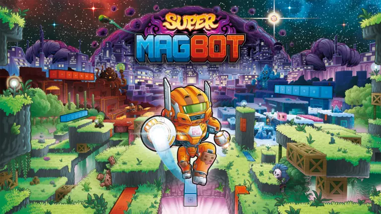Super Magbot game landscape with player jumping toward viewer.