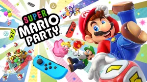 Super Mario Party game art showing characters and game controllers.
