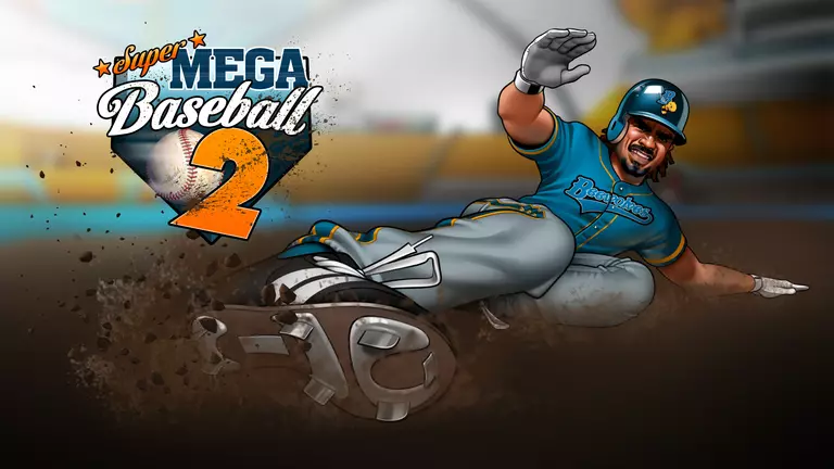 Super Mega Baseball 2 game art showing player sliding onto a base.