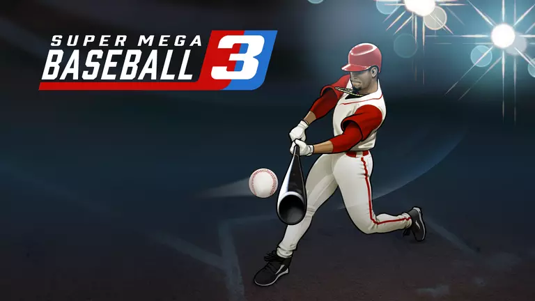 Super Mega Baseball 3 game art showing a player hitting a baseball.