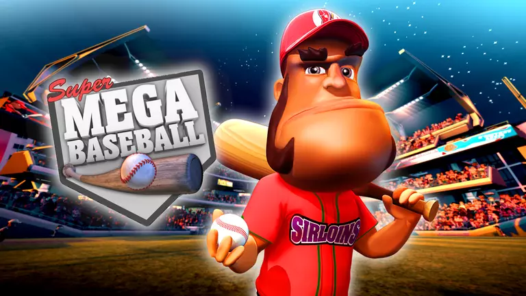 Super Mega Baseball game art showing a player holding a ball and a bat.