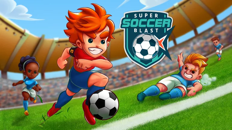 Super Soccer Blast game art showing soccer players in a stadium.