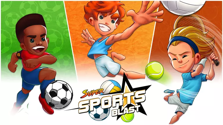 Super Sports Blast players showing soccer, volleyball, and tennis.