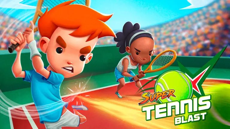 Super Tennis Blast game characters in a doubles tennis match.