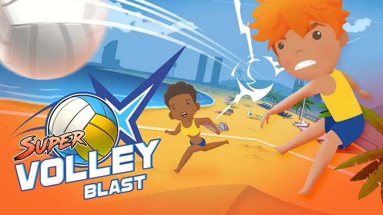 Super Volley Blast game art showing characters playing volleyball on the beach.