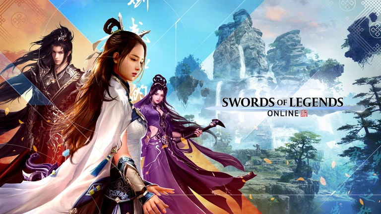 Swords of Legends Online game art showing players with a waterfall in the background.