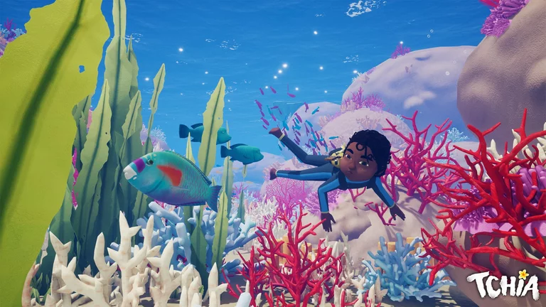 Tchia game art showing character swimming in the ocean.