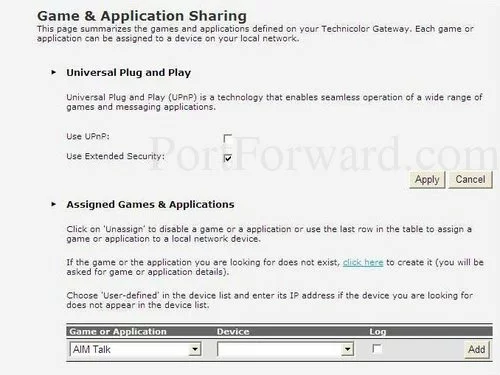 Technicolor TG784n v3 Game and Application Sharing - Configure