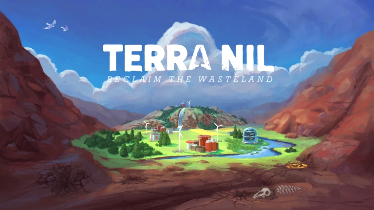 Terra Nil game art showing an oasis of paradise in the middle of a wasteland.