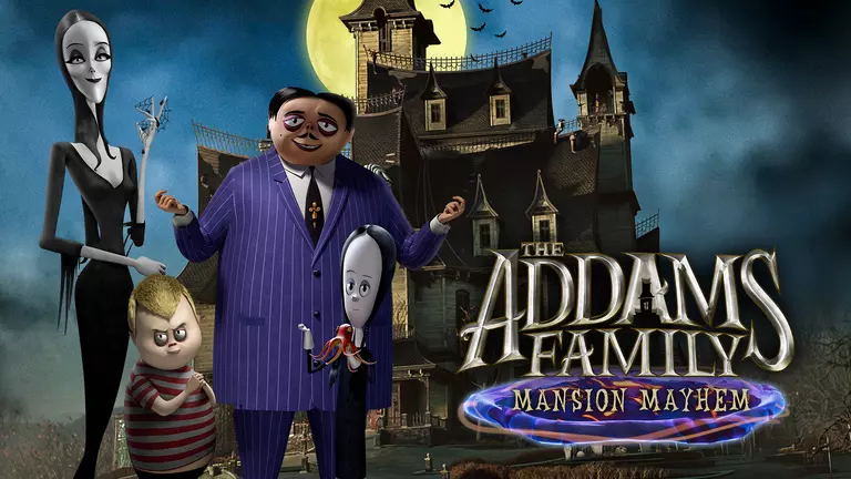 The Addams Family: Mansion Mayhem characters standing in front of their house.
