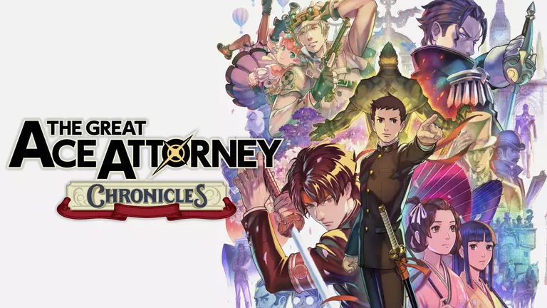 The Great Ace Attorney Chronicles game art showing characters holding weapons.