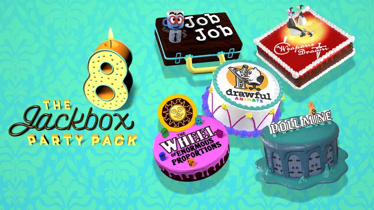 The Jackbox Party Pack 8 game art showing cakes decorated in the theme of each mini-game.