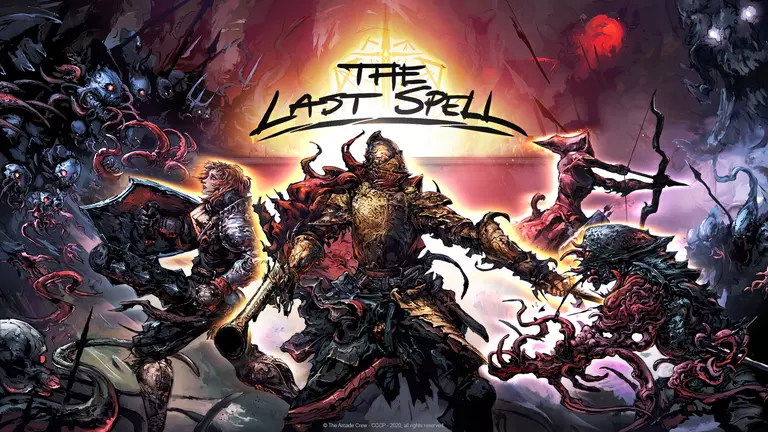 The Last Spell game art showing players fighting an army of enemies.