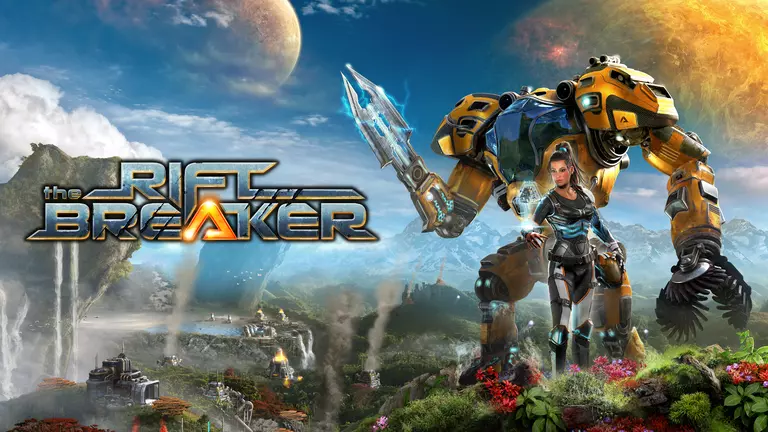 The Riftbreaker game art showing a player and her Mecha-Suit.