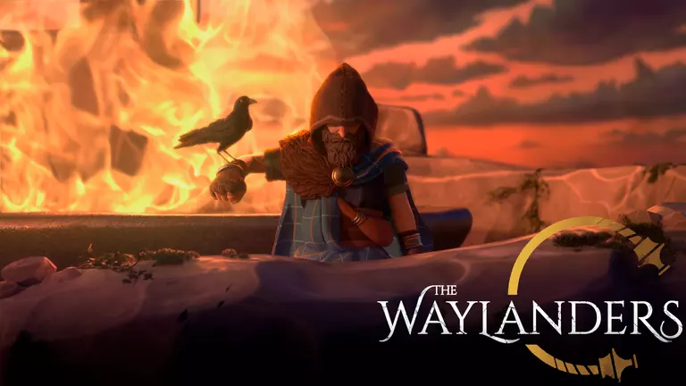 The Waylanders Celtic character standing in front of flames with a crow on his arm.