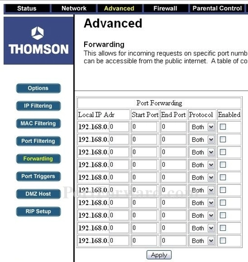 Thomson-Alcatel TCW710 port forward