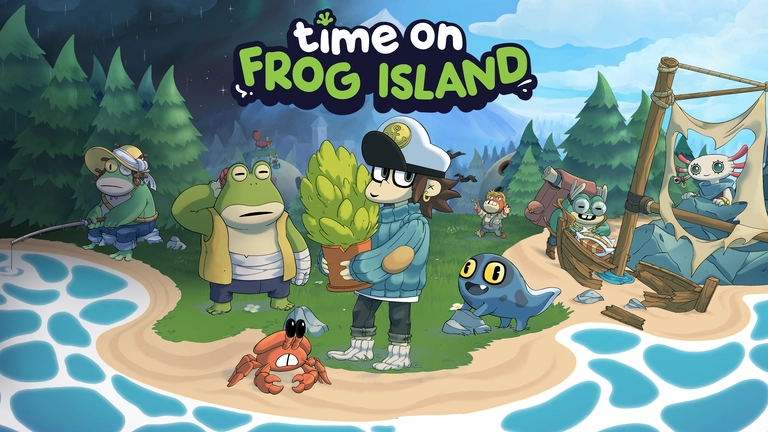 Time on Frog Island game artwork showing the player character on an island with frogs