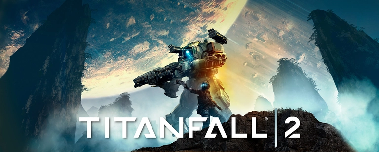 Titanfall 2 game art with a Titan and Pilot walking and holding their weapons.