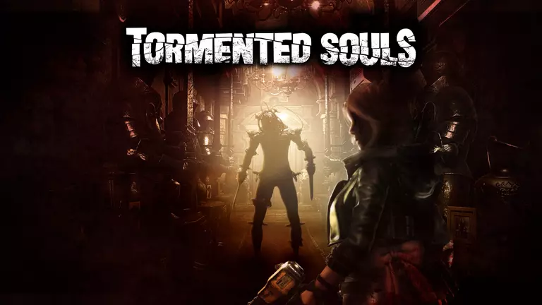 Tormented Souls game artwork featuring Caroline Walker in a hall with a sinister enemy