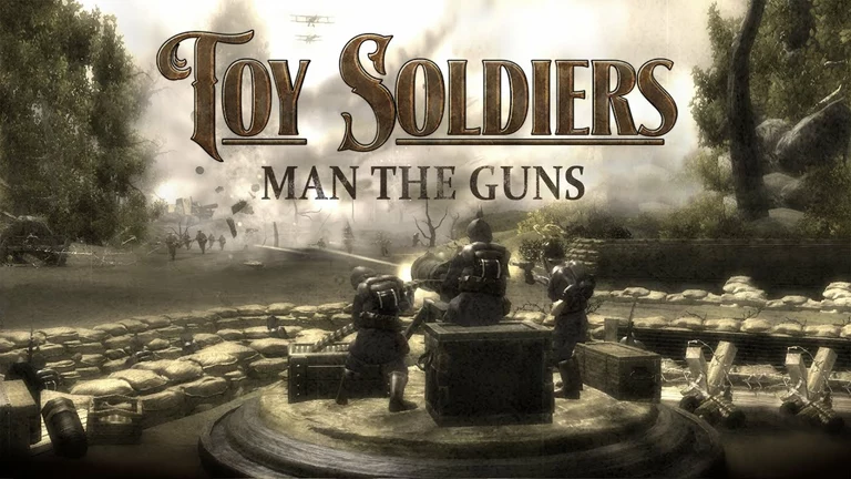 Toy Soldiers game art showing players shooting a Gatling gun.