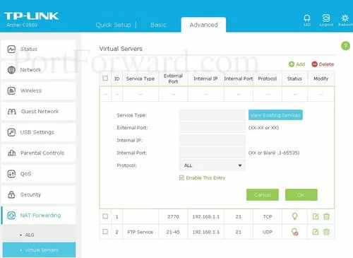 TP-Link Archer C2600 Virtual Servers Add