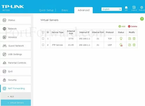 TP-Link Talon AD7200 Virtual Servers