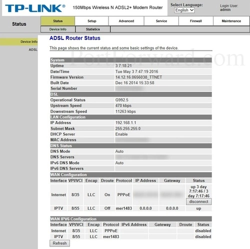 TP-Link TD854W ADSL Router Status