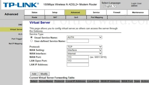 TP-Link TD854W Virtual Server