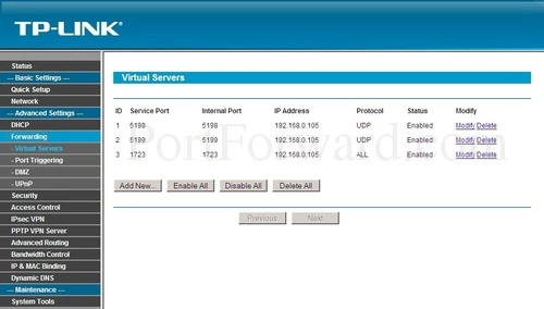 TP-Link TL-R600VPN Virtual Servers