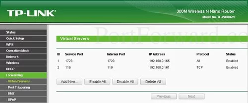 TP-Link TL-WR802N Virtual Servers