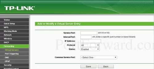 TP-Link TL-WR810N Virtual Servers Add