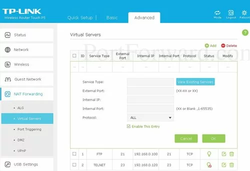 TP-Link Touch P5 Virtual Servers Add