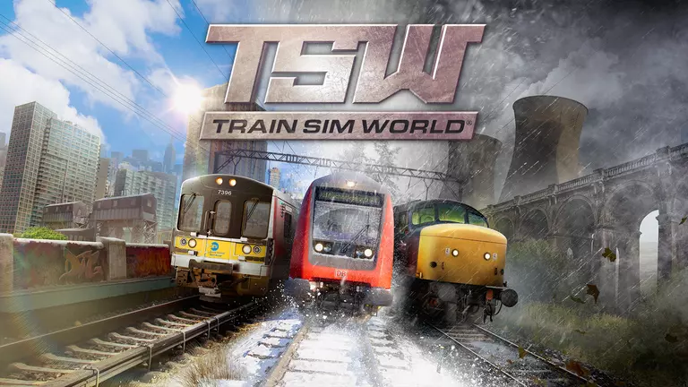 Train Sim World game art showing three types of trains on moving along the tracks.
