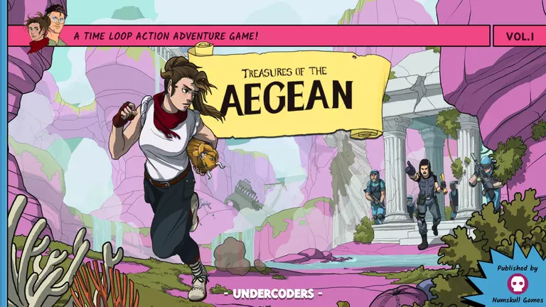 Treasures of the Aegean game art showing a character running from the police.