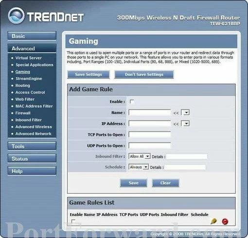 Trendnet TEW-631BRPv2 port forward