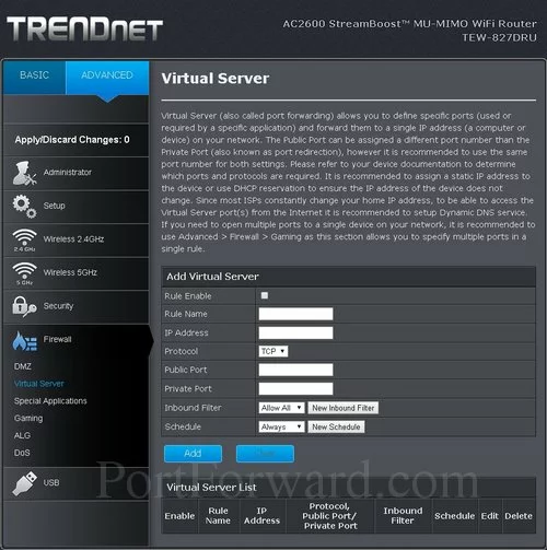 Trendnet TEW-827DRU Virtual Server
