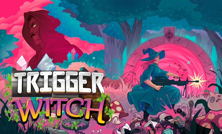 Trigger Witch game art showing a witch shooting a weapon.
