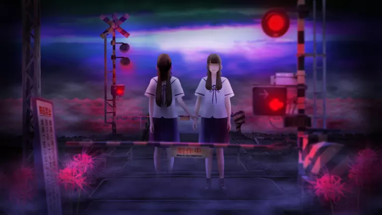 Tsugunohi game art with girl standing on train tracks.