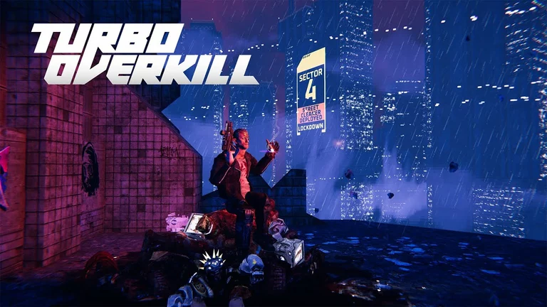 Turbo Overkill game art showing player with an assault weapon.
