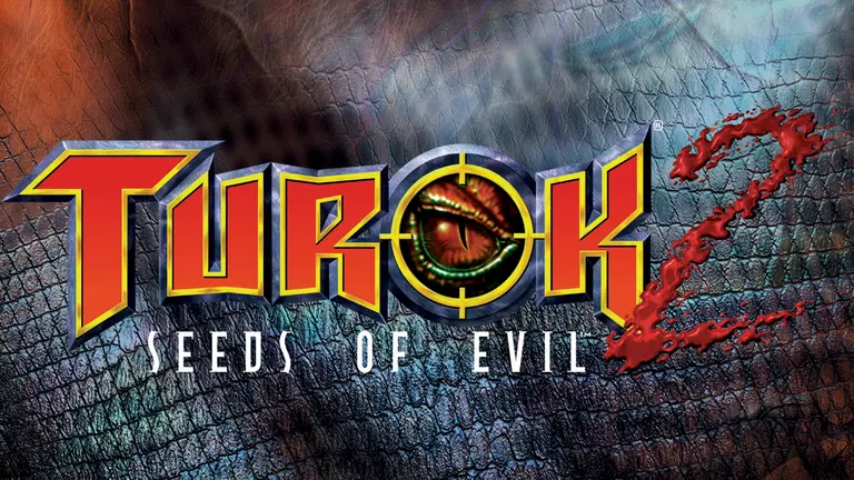 Turok 2: Seeds of Evil game art with dinosaur skill in the background.