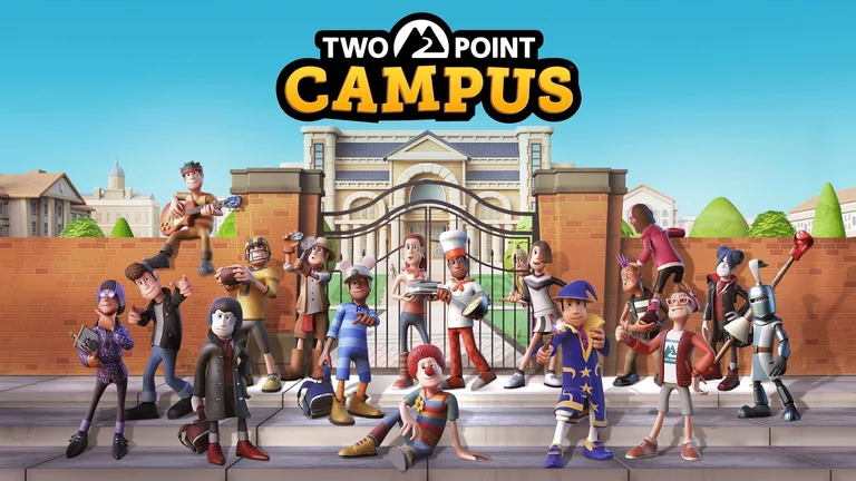 Two Point Campus characters standing in front of their school.