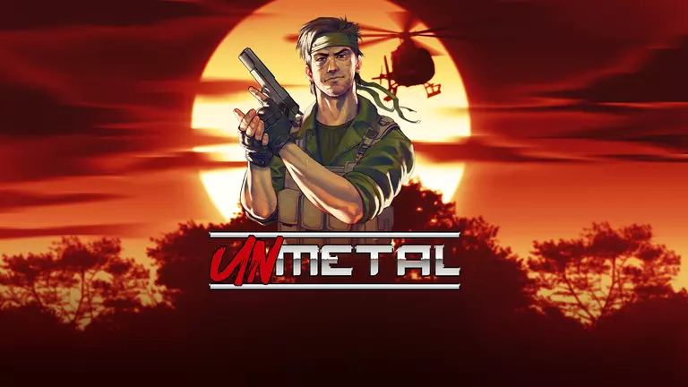 UnMetal character standing in front of a helicopter and holding a gun.