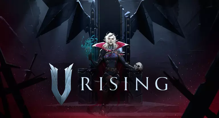 V Rising game artwork featuring a female vampire sitting on a throne with skull in hand