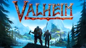 Valheim game art showing players looking across a valley.