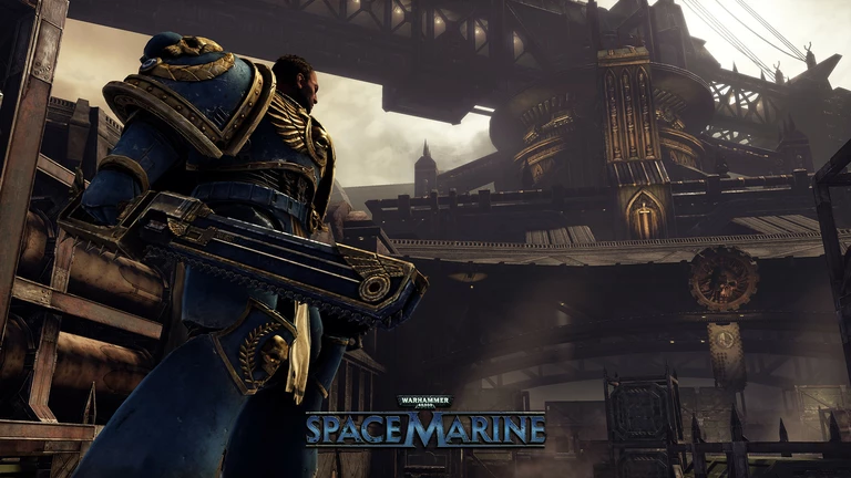 Warhammer 40,000: Space Marine image with logo and the player character Titus