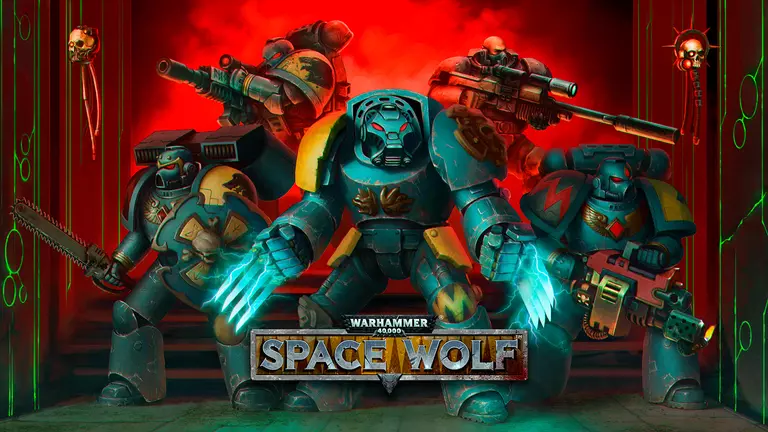 Warhammer 40,000: Space Wolf game art showing characters with weapons.
