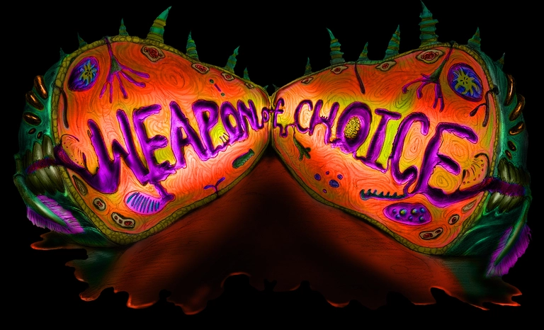 Weapon of Choice game art in bright neon colors.