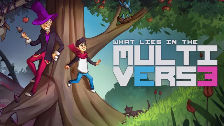 What Lies in the Multiverse game art showing characters standing on a tree.
