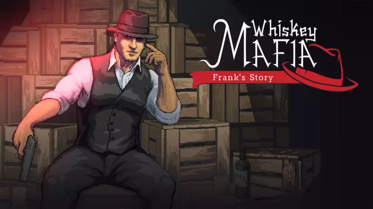 Whiskey Mafia: Frank's Story game art showing Frank sitting on a stash of bootlegged alcohol.