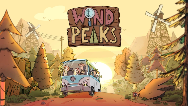 Wind Peaks artwork with a van full of scouts traveling down a forest road